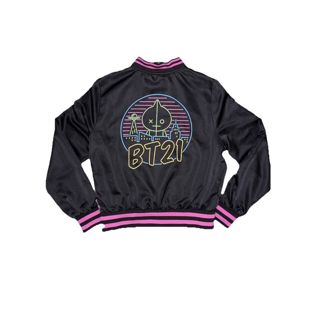 BT21 Black Satin Bomber Light Jacket Size Small BTS LINE ARMY Friends Official
